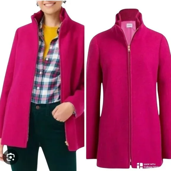 J.Crew Lodge Coat Italian Stadium Cloth Wool Warm Berry High Collar Size 4 - Picture 6 of 10